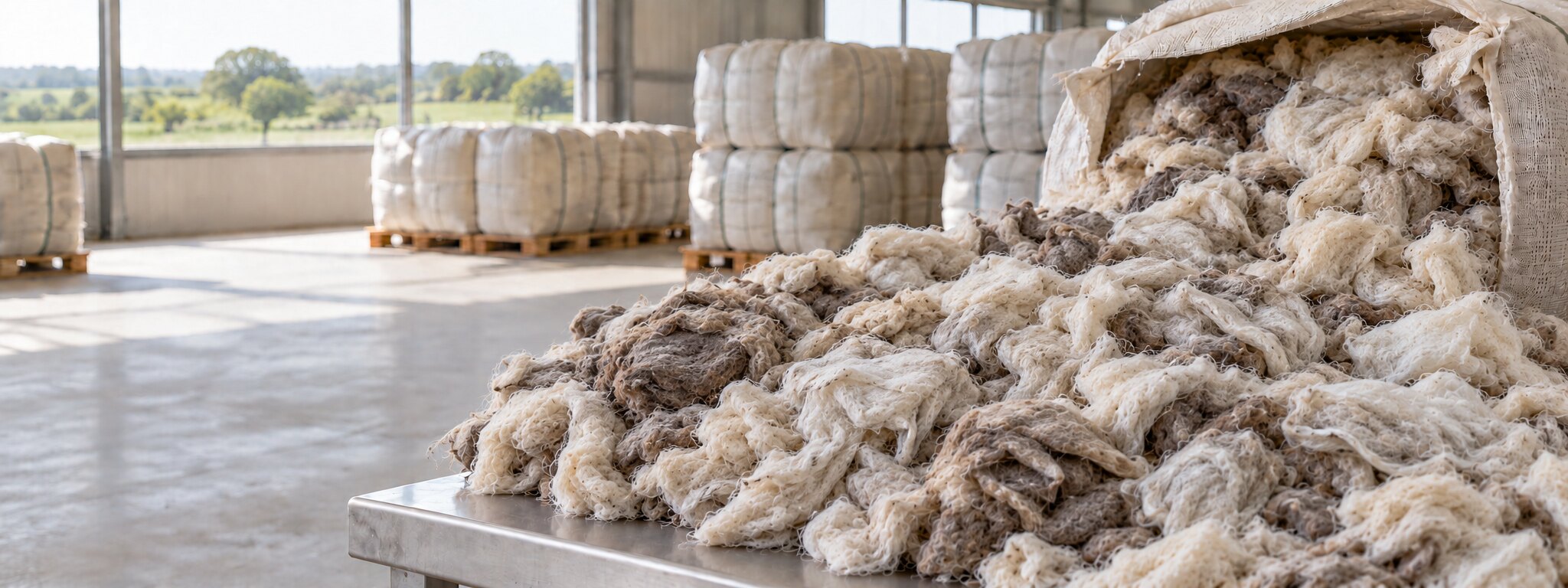 Washed sheep wool and packaged bales in a bright warehouse